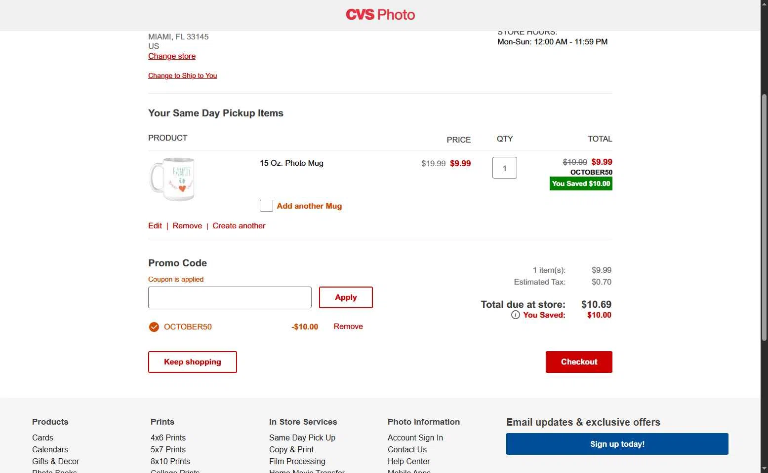 CVS Optical checkout page showing CVS Optical promo code box | Screenshot taken by SimplyCodes community member on Oct 18, 2025