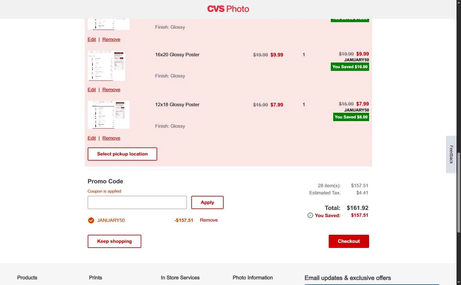 CVS Photo checkout page showing CVS Photo promo code box | Screenshot taken by SimplyCodes community member on Jan 5, 2026