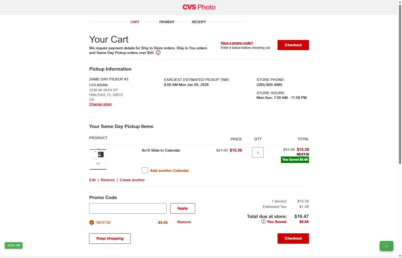 CVS Photo checkout page showing CVS Photo promo code box | Screenshot taken by SimplyCodes community member on Jan 5, 2026