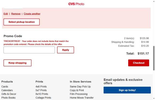 CVS Photo checkout page showing CVS Photo promo code box | Screenshot taken by SimplyCodes community member on Oct 12, 2025