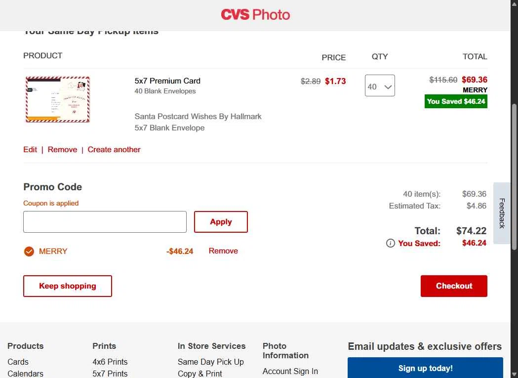 CVS Photo checkout page showing CVS Photo promo code box | Screenshot taken by SimplyCodes community member on Dec 19, 2025