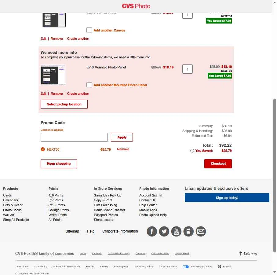 CVS Photo checkout page showing CVS Photo promo code box | Screenshot taken by SimplyCodes community member on Feb 7, 2026
