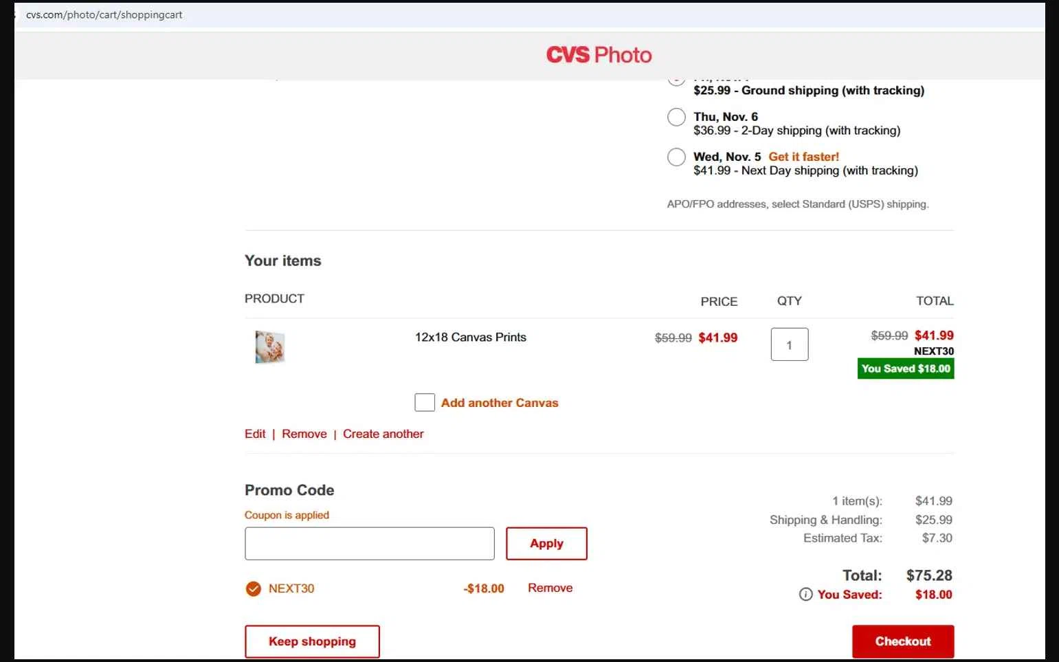 CVS Photo checkout page showing CVS Photo promo code box | Screenshot taken by SimplyCodes community member on Dec 23, 2025