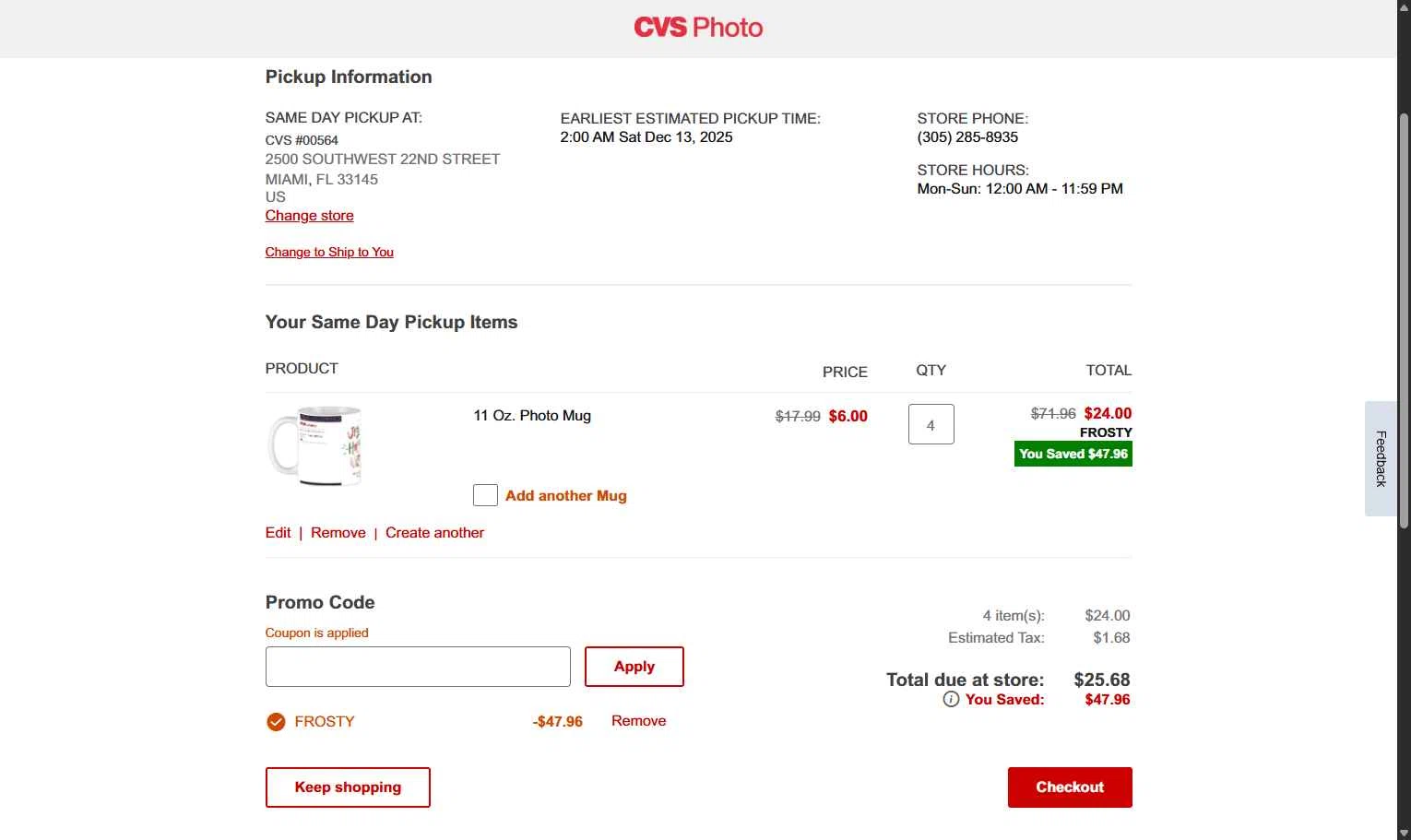 CVS Photo checkout page showing CVS Photo promo code box | Screenshot taken by SimplyCodes community member on Dec 13, 2025