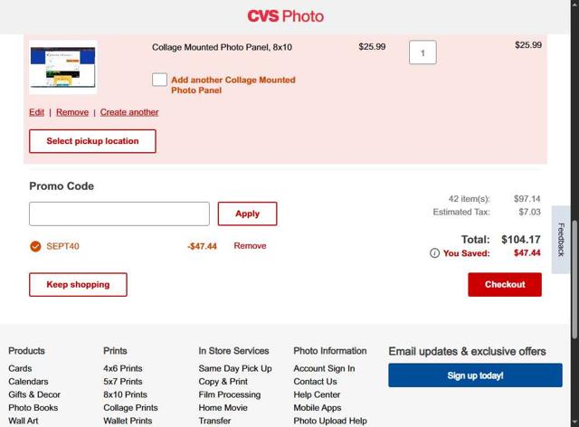 CVS Photo checkout page showing CVS Photo promo code box | Screenshot taken by SimplyCodes community member on Sep 12, 2025
