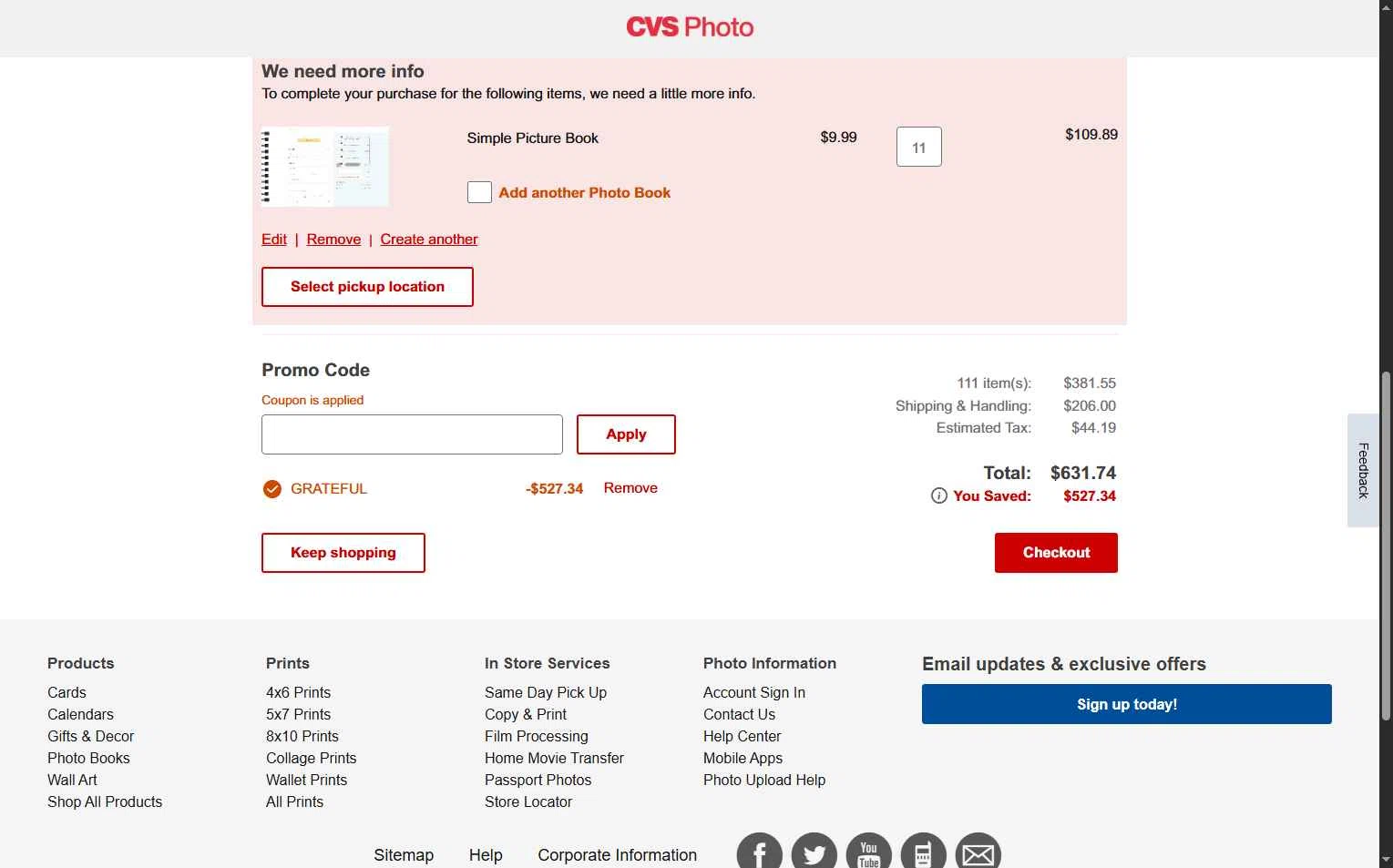 CVS Photo checkout page showing CVS Photo promo code box | Screenshot taken by SimplyCodes community member on Nov 30, 2025