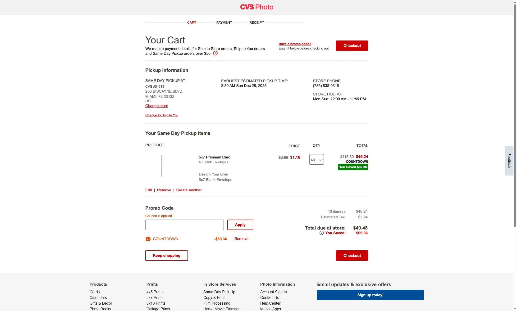 CVS Photo checkout page showing CVS Photo promo code box | Screenshot taken by SimplyCodes community member on Dec 28, 2025