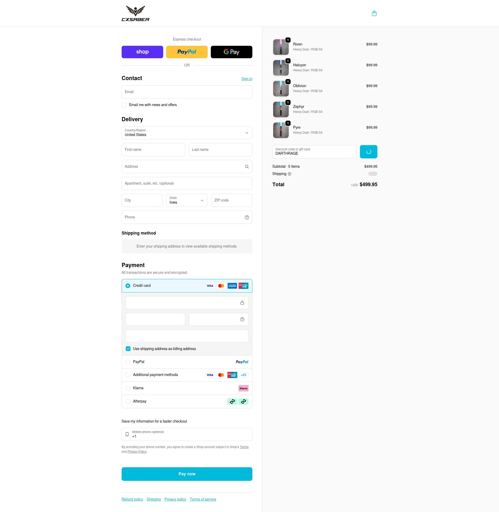 CXSABER checkout page showing CXSABER discount code box | Screenshot taken by SimplyCodes community member on Feb 7, 2026