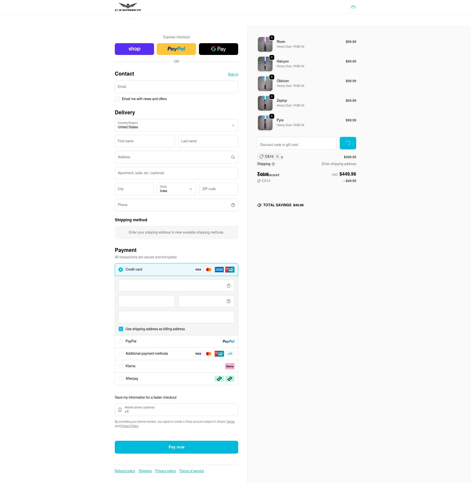 CXSABER checkout page showing CXSABER discount code box | Screenshot taken by SimplyCodes community member on Feb 7, 2026