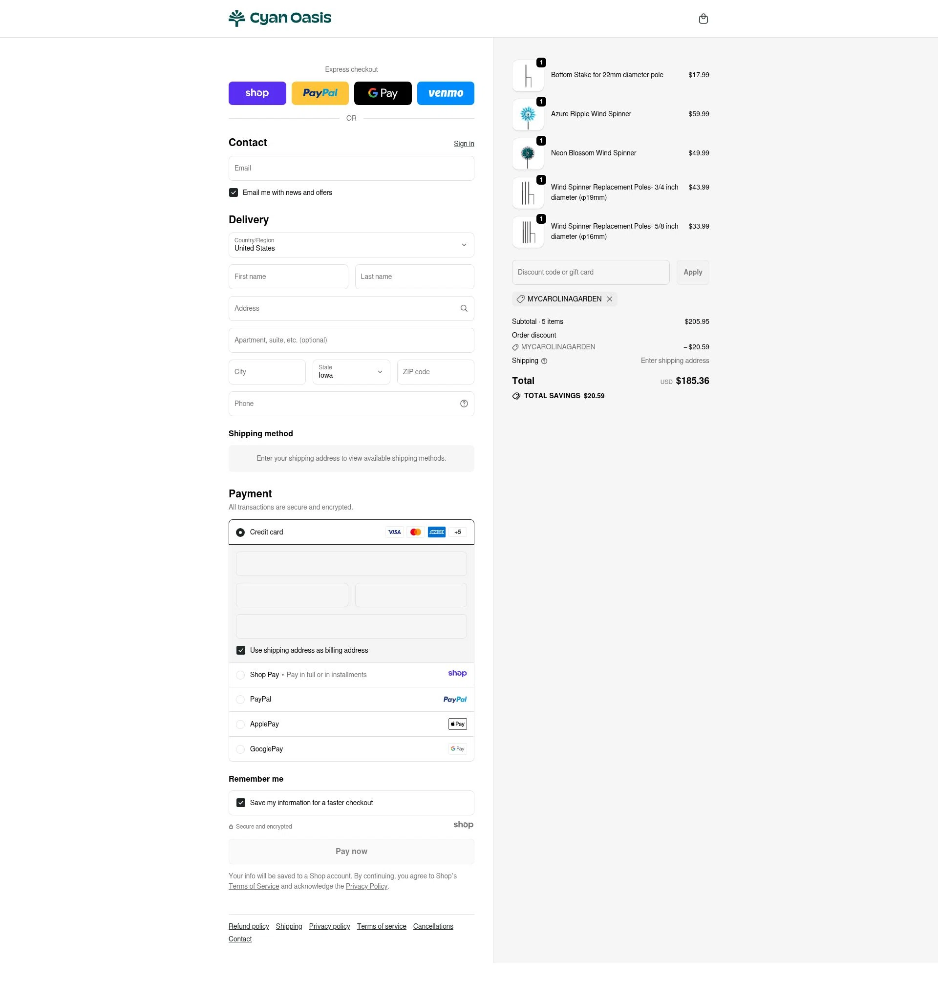 Cyan Oasis checkout page showing Cyan Oasis discount code box | Screenshot taken by SimplyCodes community member on Dec 22, 2025