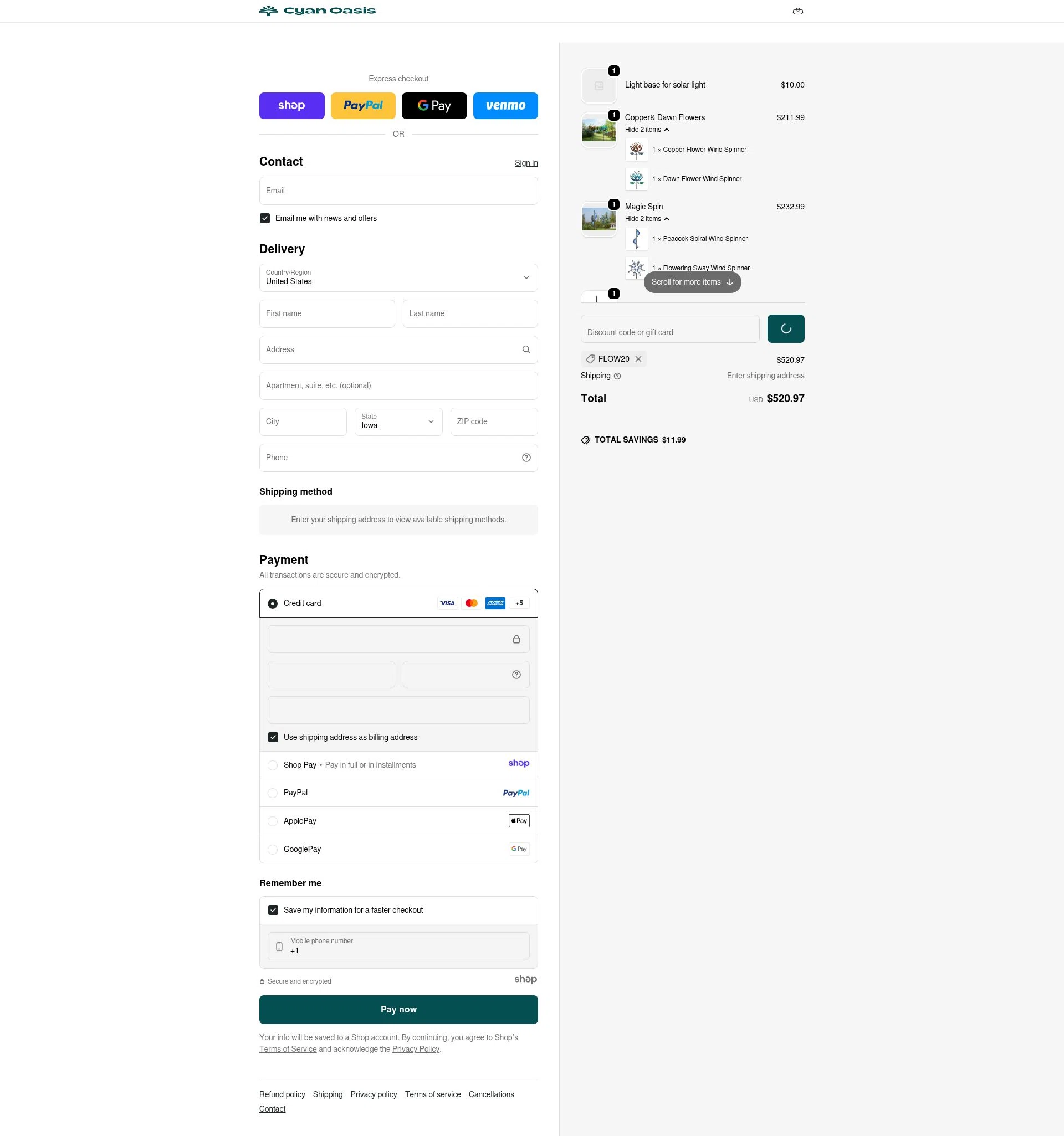 Cyan Oasis checkout page showing Cyan Oasis discount code box | Screenshot taken by SimplyCodes community member on Jan 1, 2026