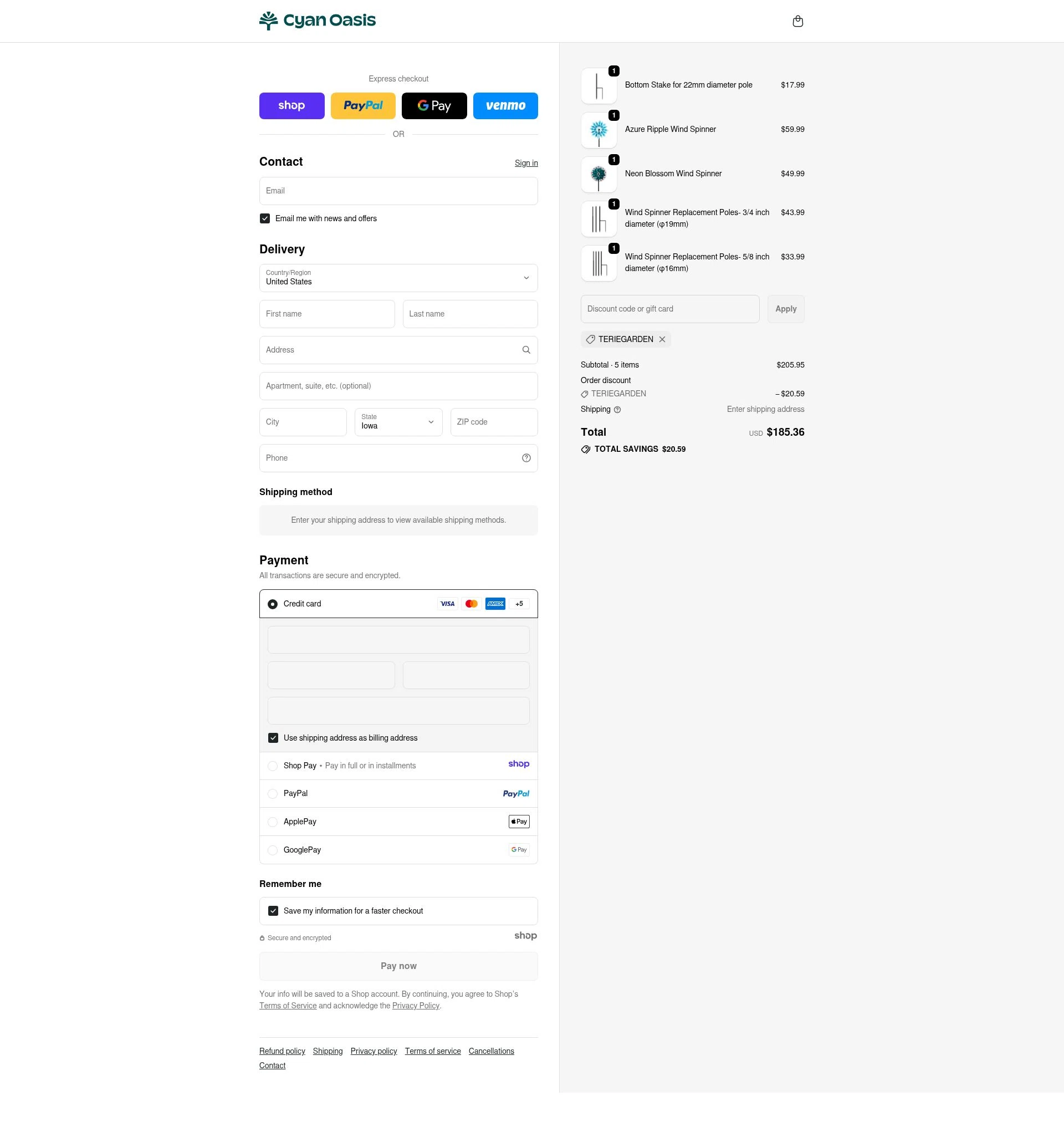 Cyan Oasis checkout page showing Cyan Oasis discount code box | Screenshot taken by SimplyCodes community member on Dec 22, 2025