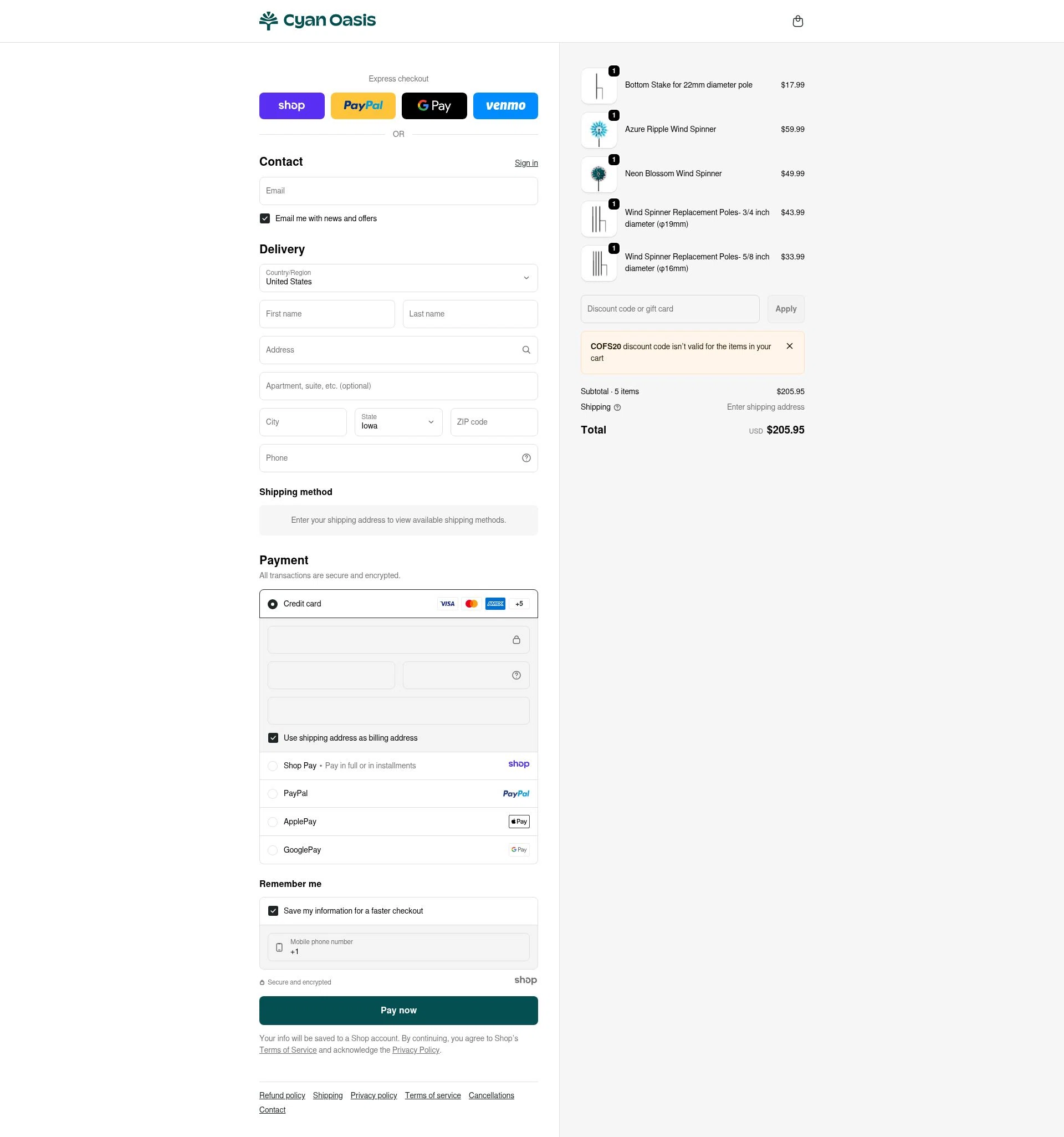 Cyan Oasis checkout page showing Cyan Oasis discount code box | Screenshot taken by SimplyCodes community member on Dec 27, 2025