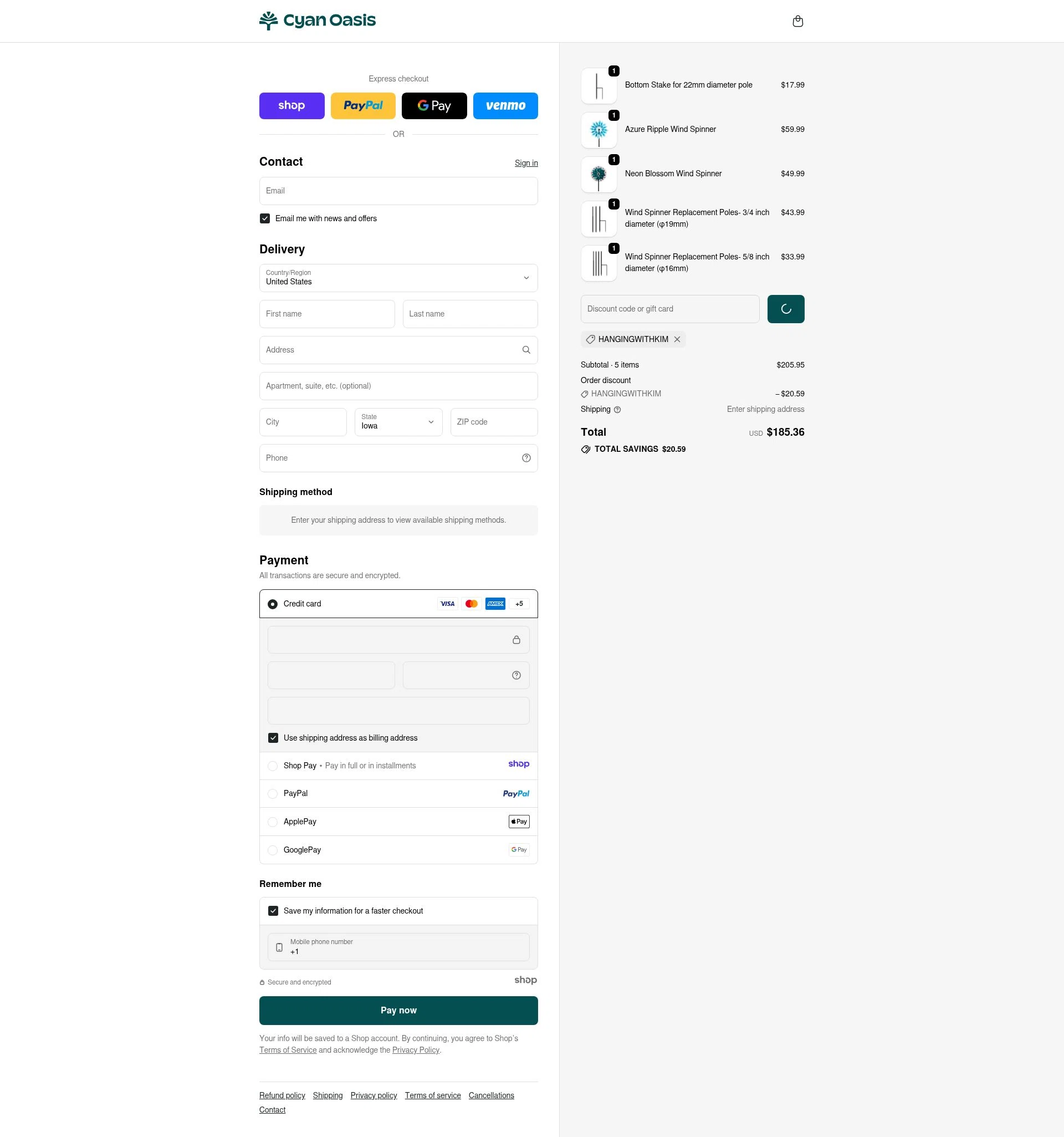 Cyan Oasis checkout page showing Cyan Oasis discount code box | Screenshot taken by SimplyCodes community member on Dec 27, 2025