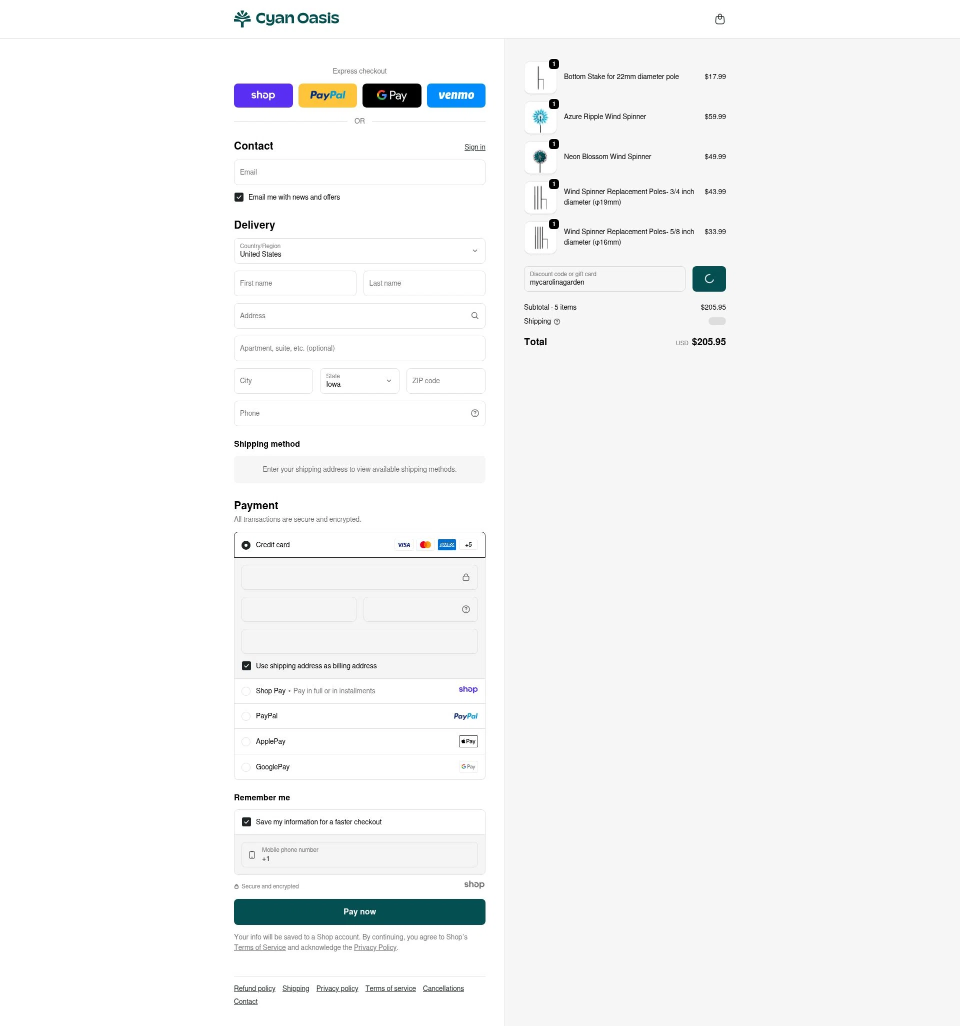 Cyan Oasis checkout page showing Cyan Oasis discount code box | Screenshot taken by SimplyCodes community member on Dec 27, 2025