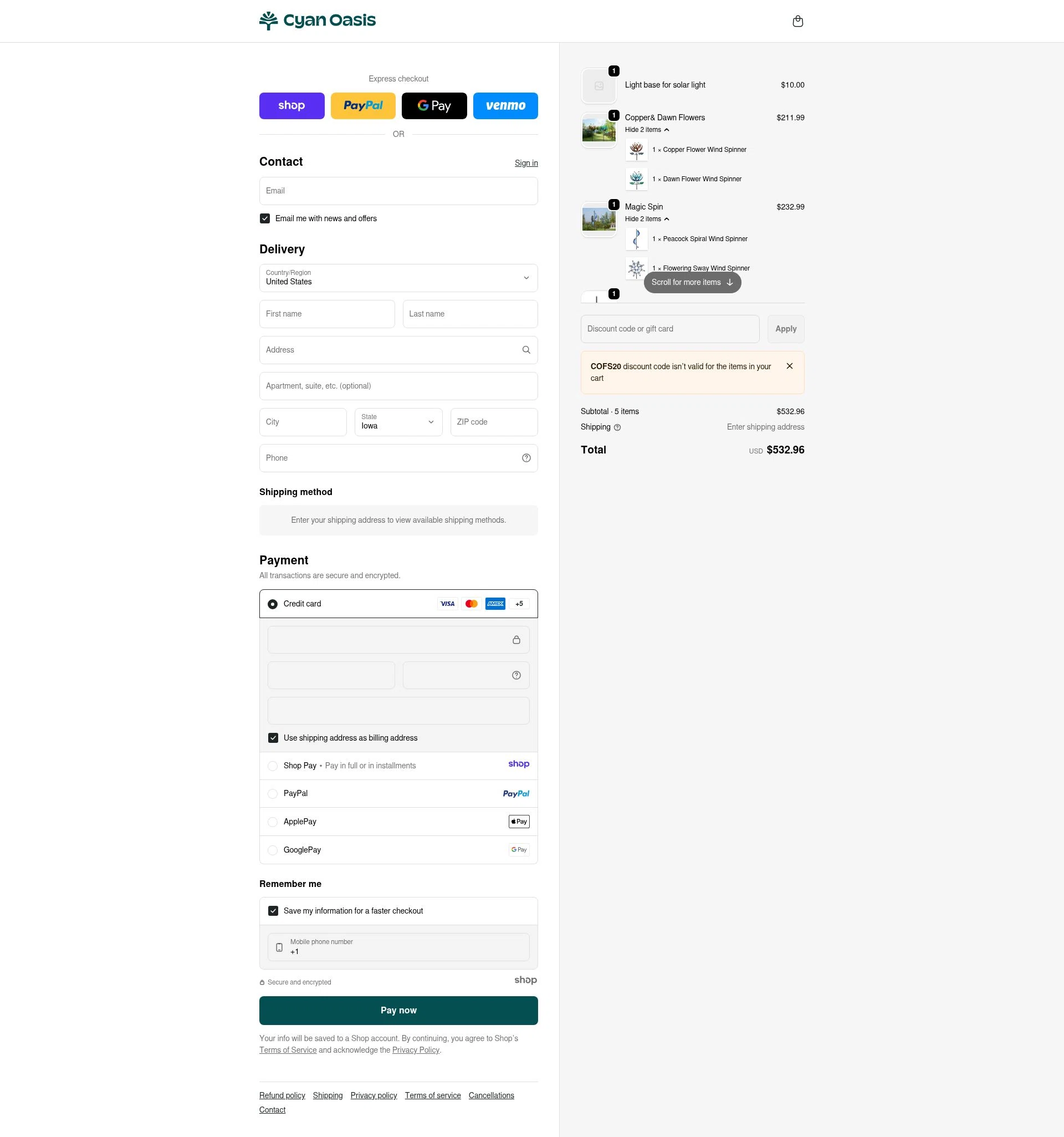 Cyan Oasis checkout page showing Cyan Oasis discount code box | Screenshot taken by SimplyCodes community member on Jan 1, 2026