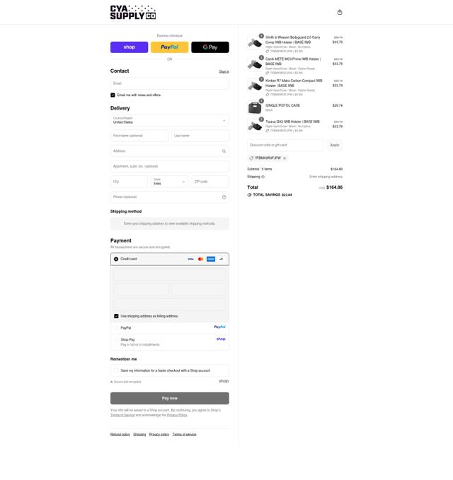 CYA Supply Co checkout page showing CYA Supply Co discount code box | Screenshot taken by SimplyCodes community member on Sep 11, 2025