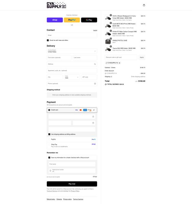 CYA Supply Co checkout page showing CYA Supply Co discount code box | Screenshot taken by SimplyCodes community member on Sep 3, 2025