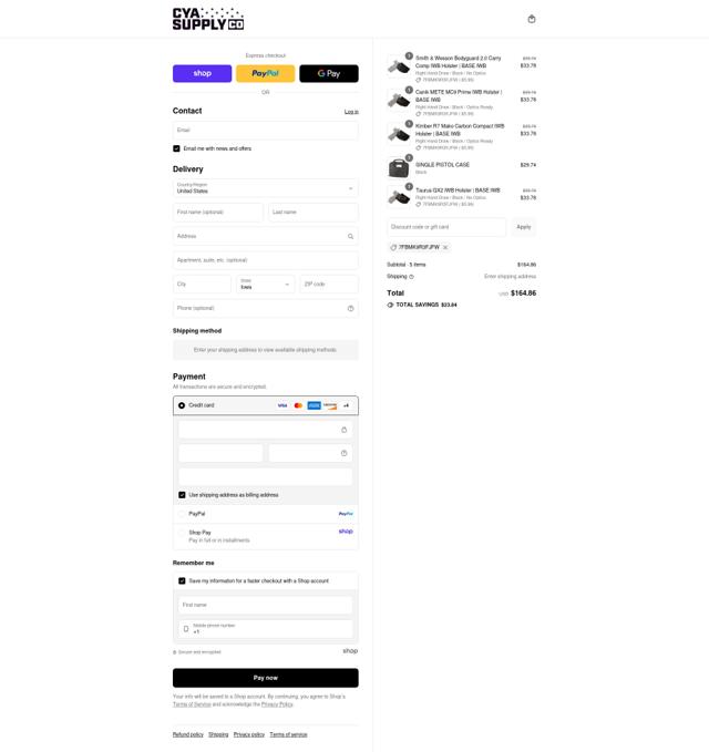 CYA Supply Co checkout page showing CYA Supply Co discount code box | Screenshot taken by SimplyCodes community member on Sep 8, 2025