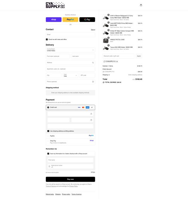 CYA Supply Co checkout page showing CYA Supply Co discount code box | Screenshot taken by SimplyCodes community member on Sep 11, 2025