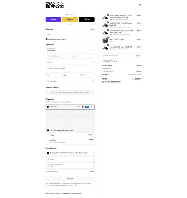 CYA Supply Co checkout page showing CYA Supply Co discount code box | Screenshot taken by SimplyCodes community member on Sep 11, 2025