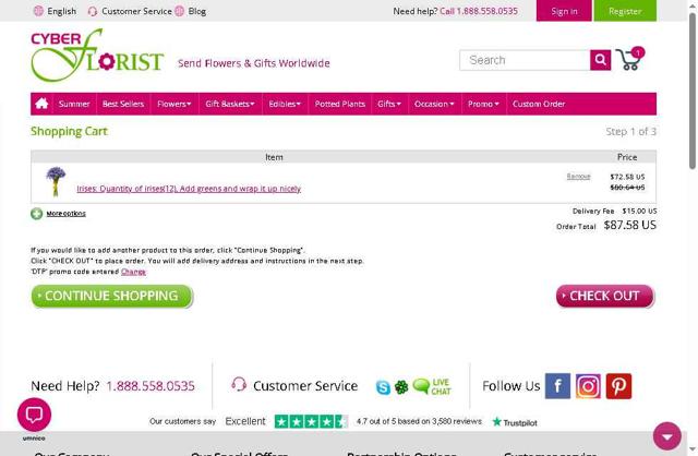 Cyber Florist checkout page showing Cyber Florist coupon code box | Screenshot taken by SimplyCodes community member on Aug 21, 2025