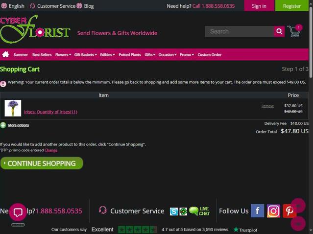 Cyber Florist checkout page showing Cyber Florist coupon code box | Screenshot taken by SimplyCodes community member on Sep 1, 2025