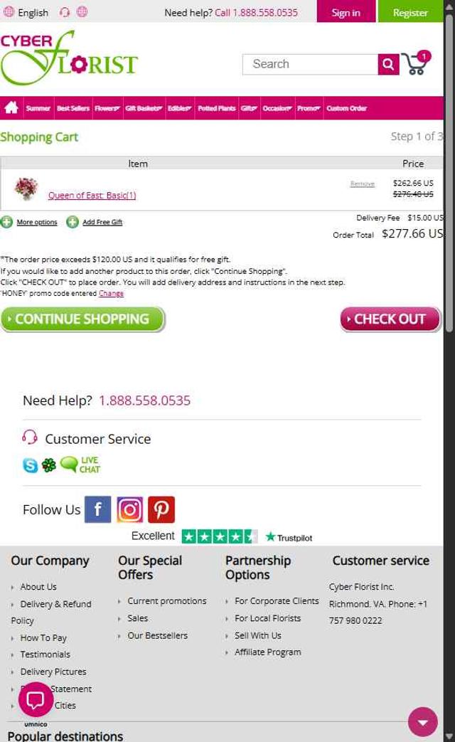 Cyber Florist checkout page showing Cyber Florist coupon code box | Screenshot taken by SimplyCodes community member on Aug 15, 2025