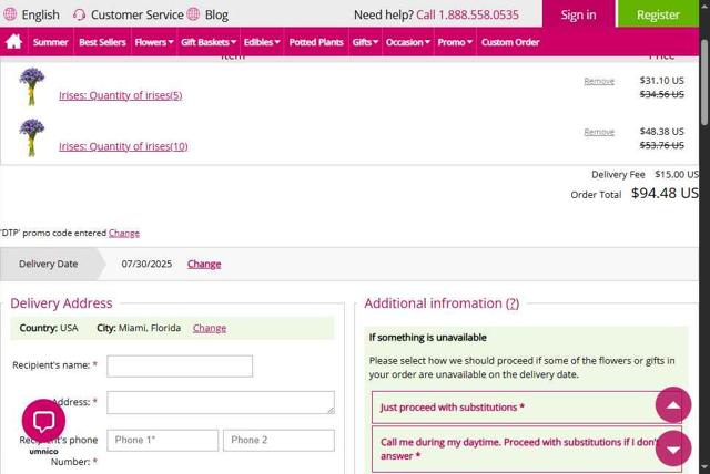 Cyber Florist checkout page showing Cyber Florist coupon code box | Screenshot taken by SimplyCodes community member on Jul 28, 2025