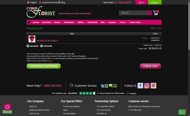 Cyber Florist checkout page showing Cyber Florist coupon code box | Screenshot taken by SimplyCodes community member on Aug 21, 2025