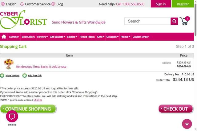 Cyber Florist checkout page showing Cyber Florist coupon code box | Screenshot taken by SimplyCodes community member on Sep 4, 2025
