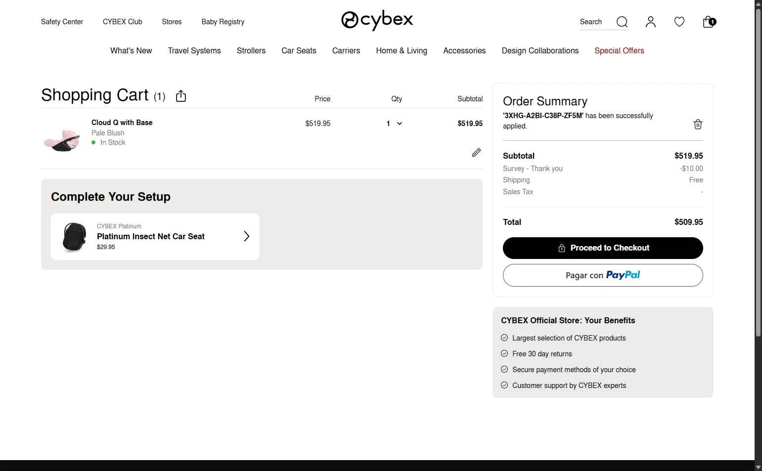 Cybex checkout page showing Cybex promo code box | Screenshot taken by SimplyCodes community member on Feb 18, 2026