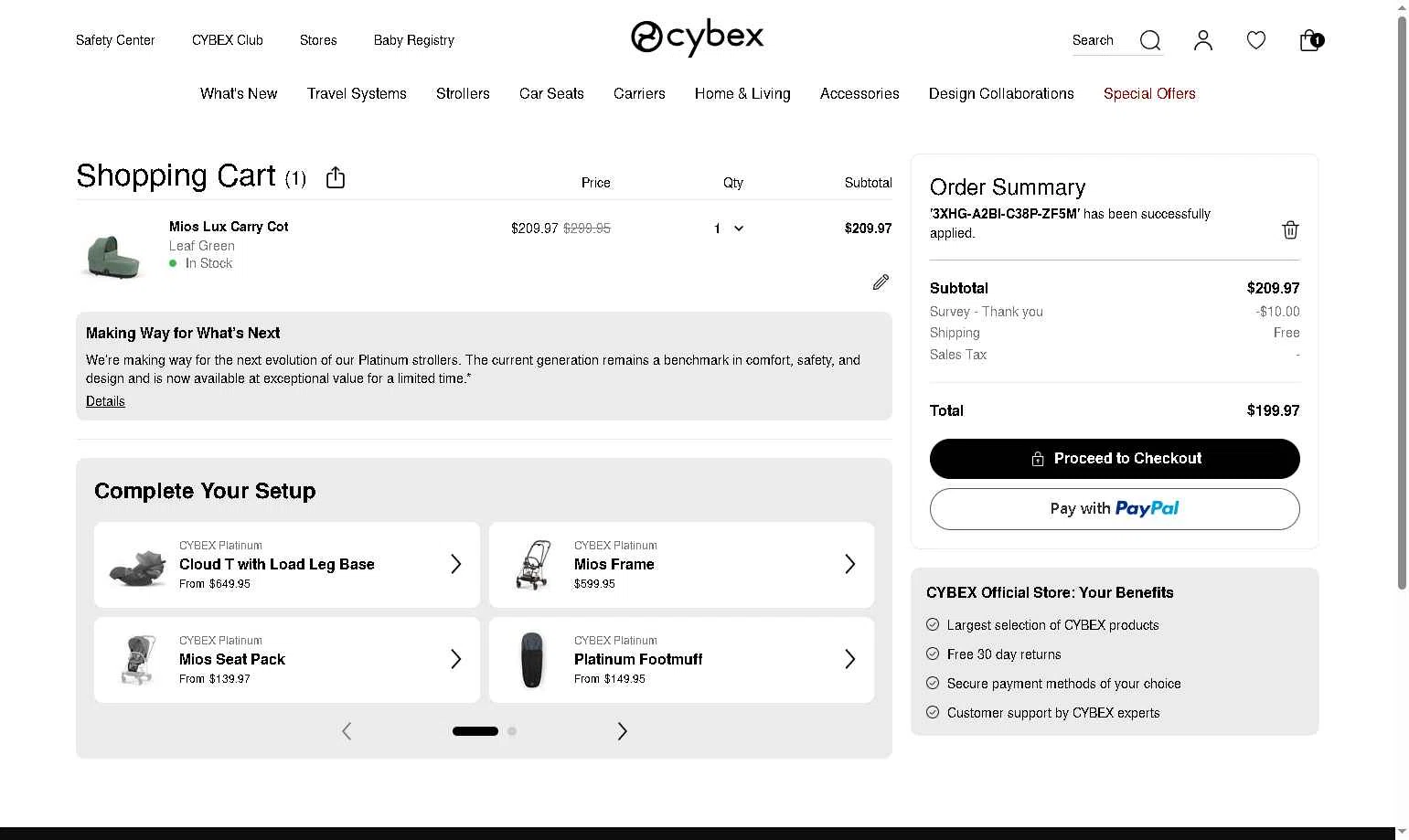 Cybex checkout page showing Cybex promo code box | Screenshot taken by SimplyCodes community member on Feb 19, 2026