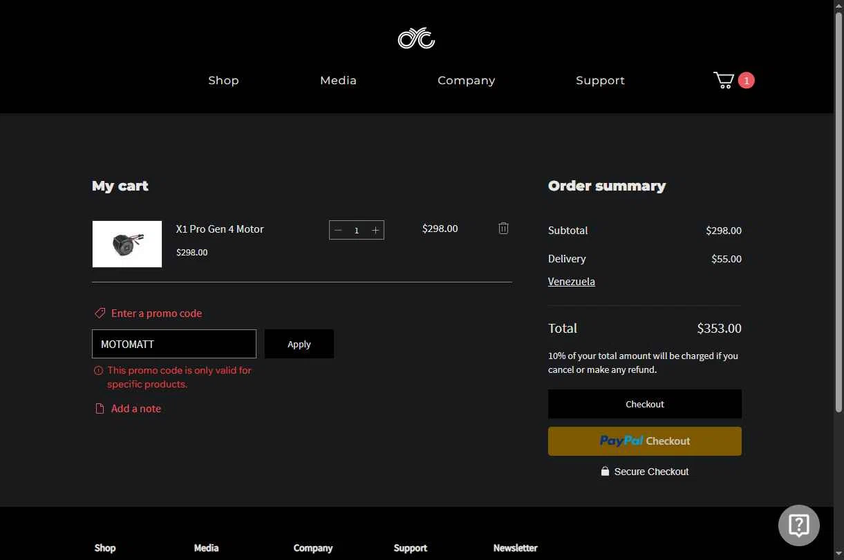 CYC MOTOR checkout page showing CYC MOTOR promo code box | Screenshot taken by SimplyCodes community member on Feb 1, 2026