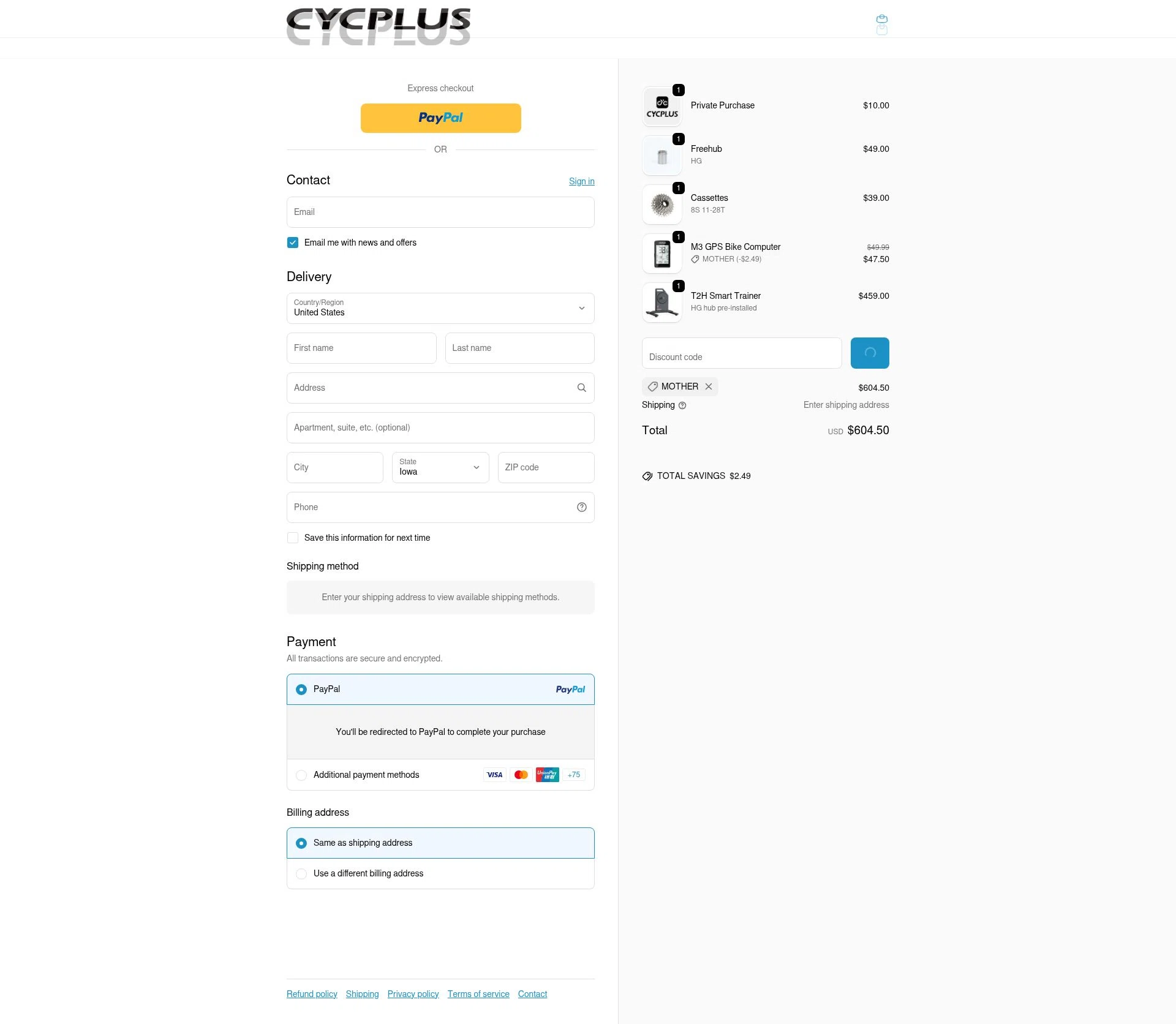 Cycplus checkout page showing Cycplus discount code box | Screenshot taken by SimplyCodes community member on Feb 19, 2026