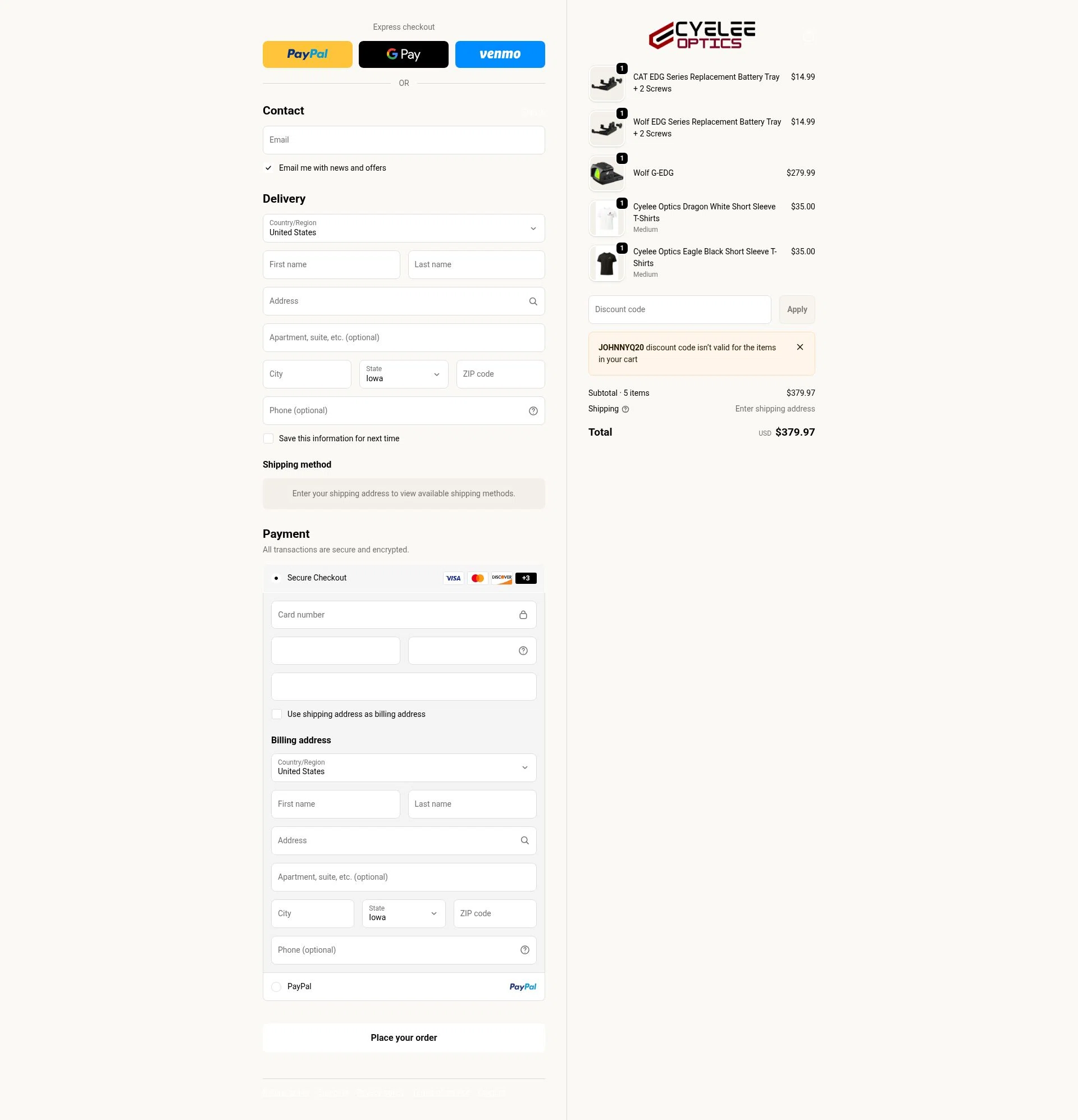 Cyelee Optics checkout page showing Cyelee Optics discount code box | Screenshot taken by SimplyCodes community member on Feb 14, 2026