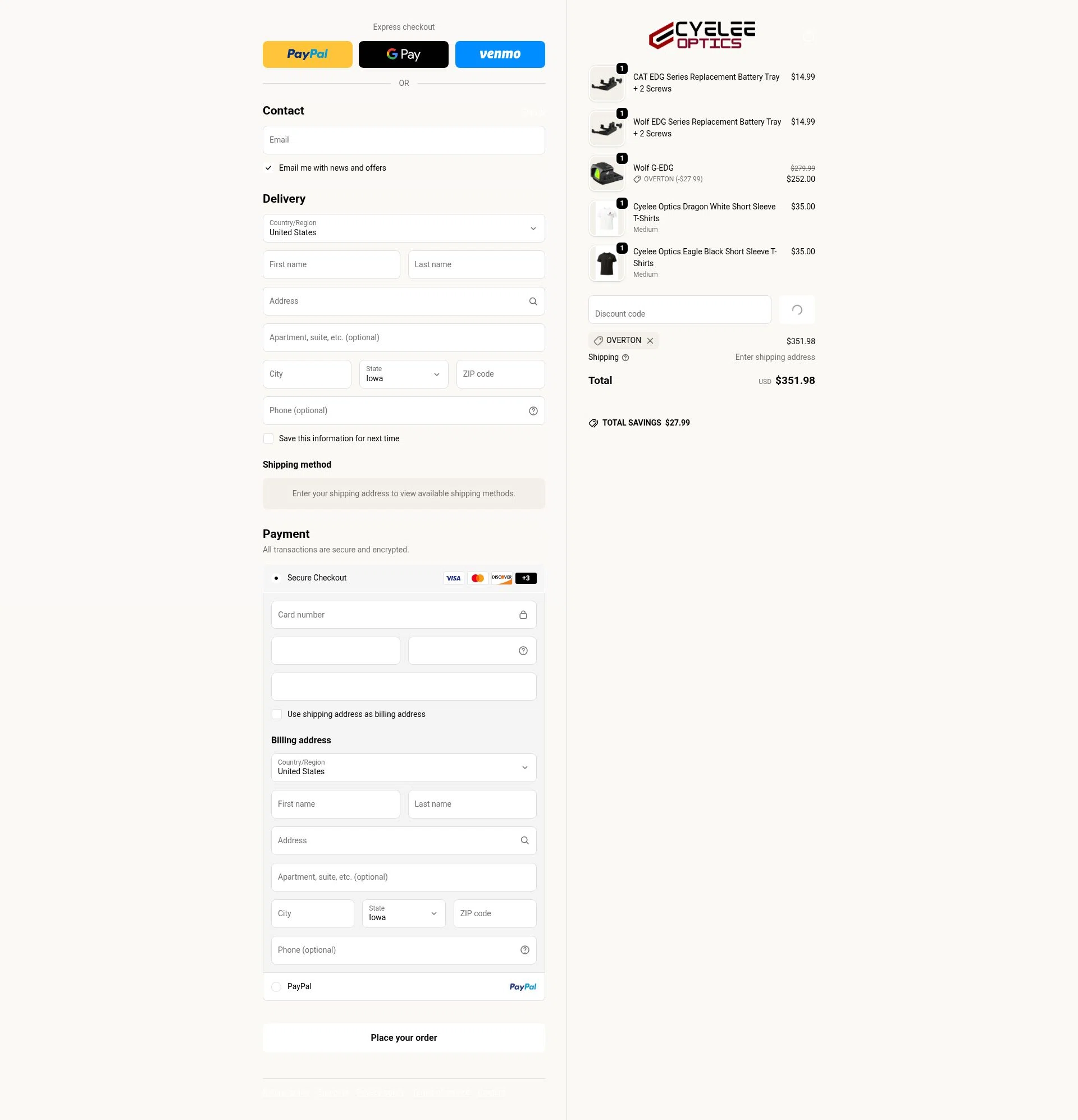 Cyelee Optics checkout page showing Cyelee Optics discount code box | Screenshot taken by SimplyCodes community member on Feb 14, 2026