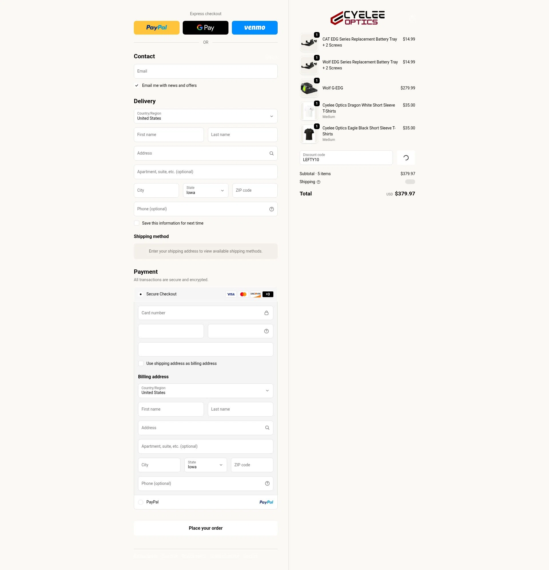 Cyelee Optics checkout page showing Cyelee Optics discount code box | Screenshot taken by SimplyCodes community member on Feb 14, 2026