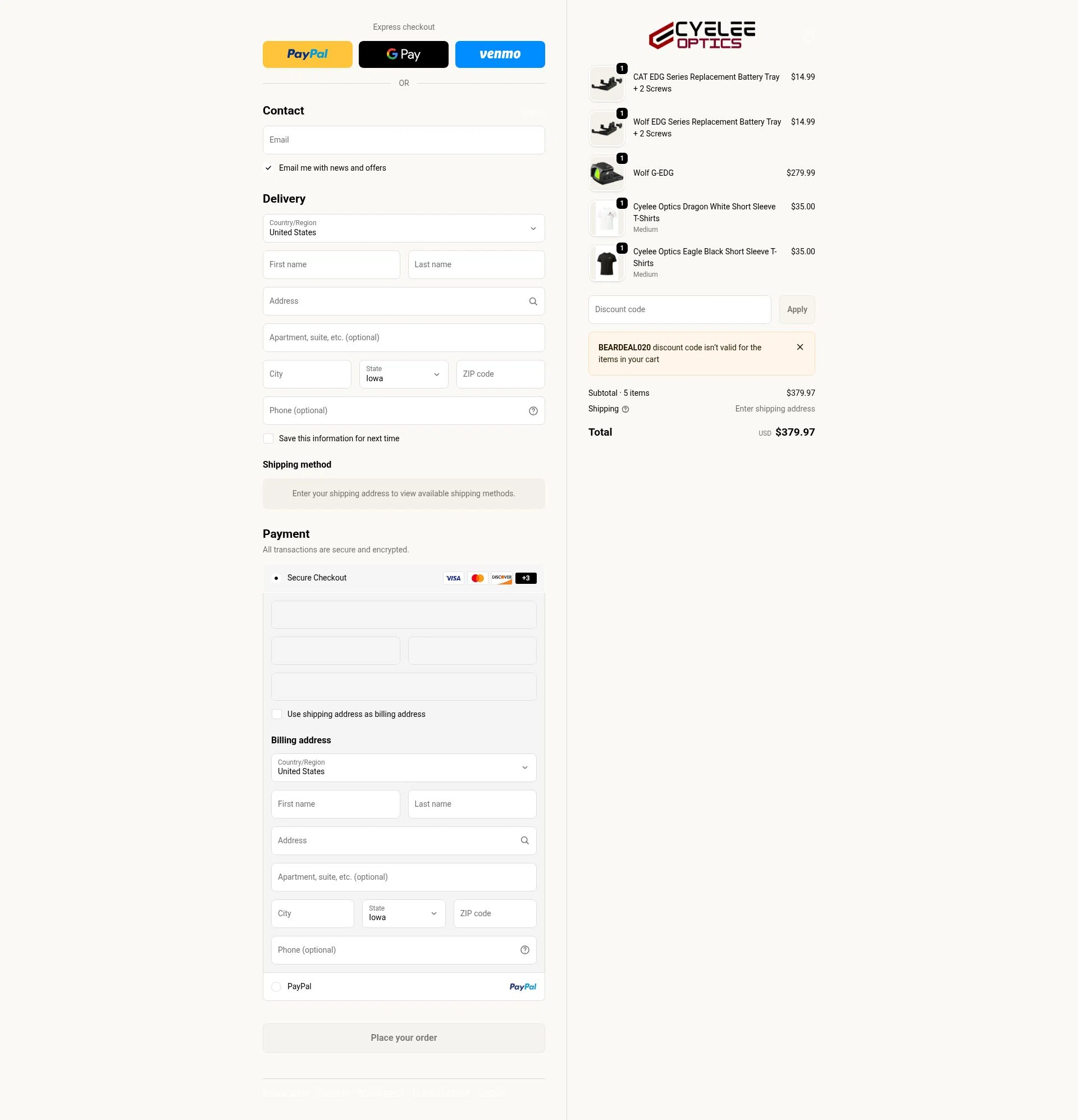 Cyelee Optics checkout page showing Cyelee Optics discount code box | Screenshot taken by SimplyCodes community member on Feb 14, 2026
