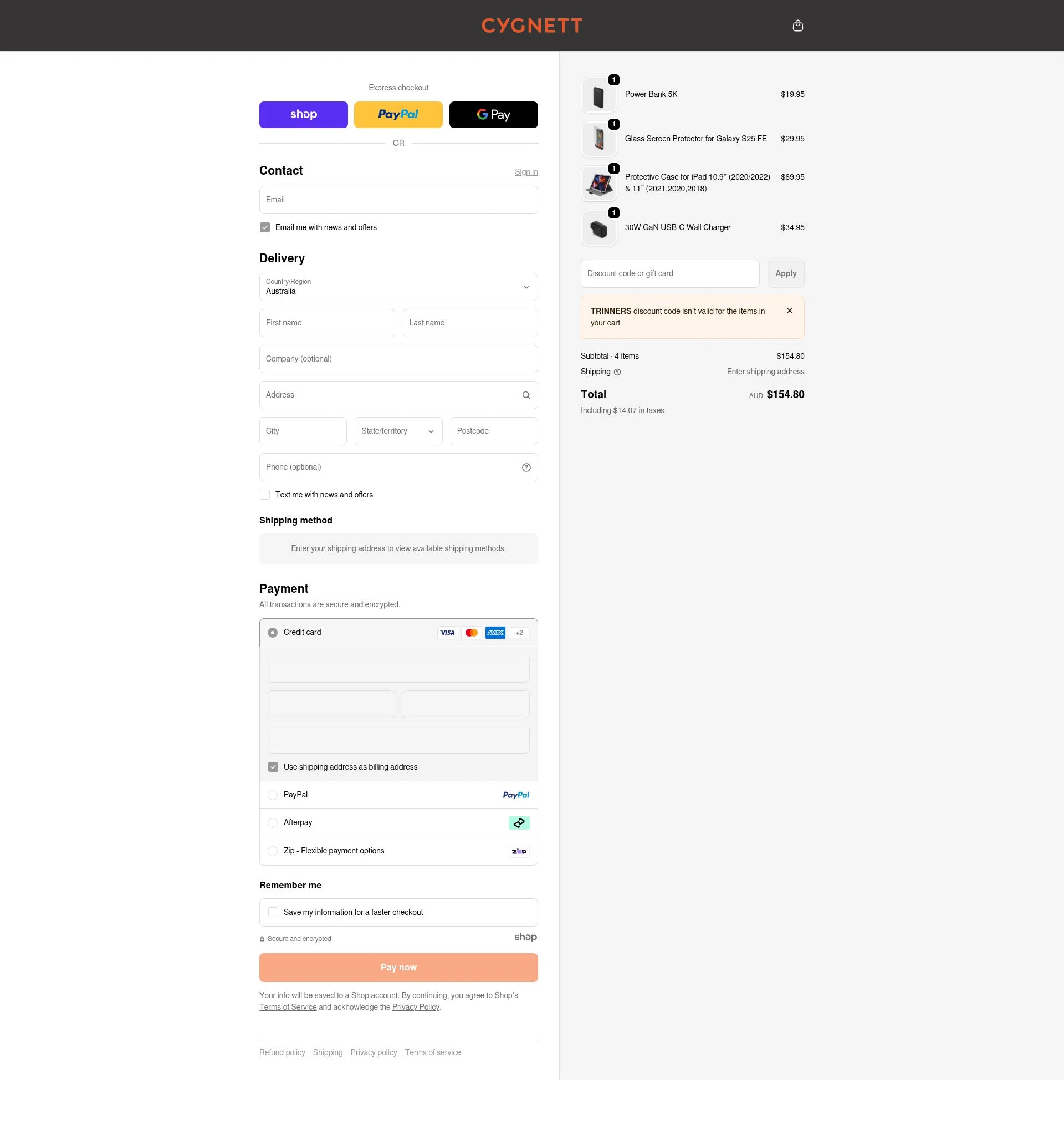 Cygnett checkout page showing Cygnett promo code box | Screenshot taken by SimplyCodes community member on Dec 20, 2025