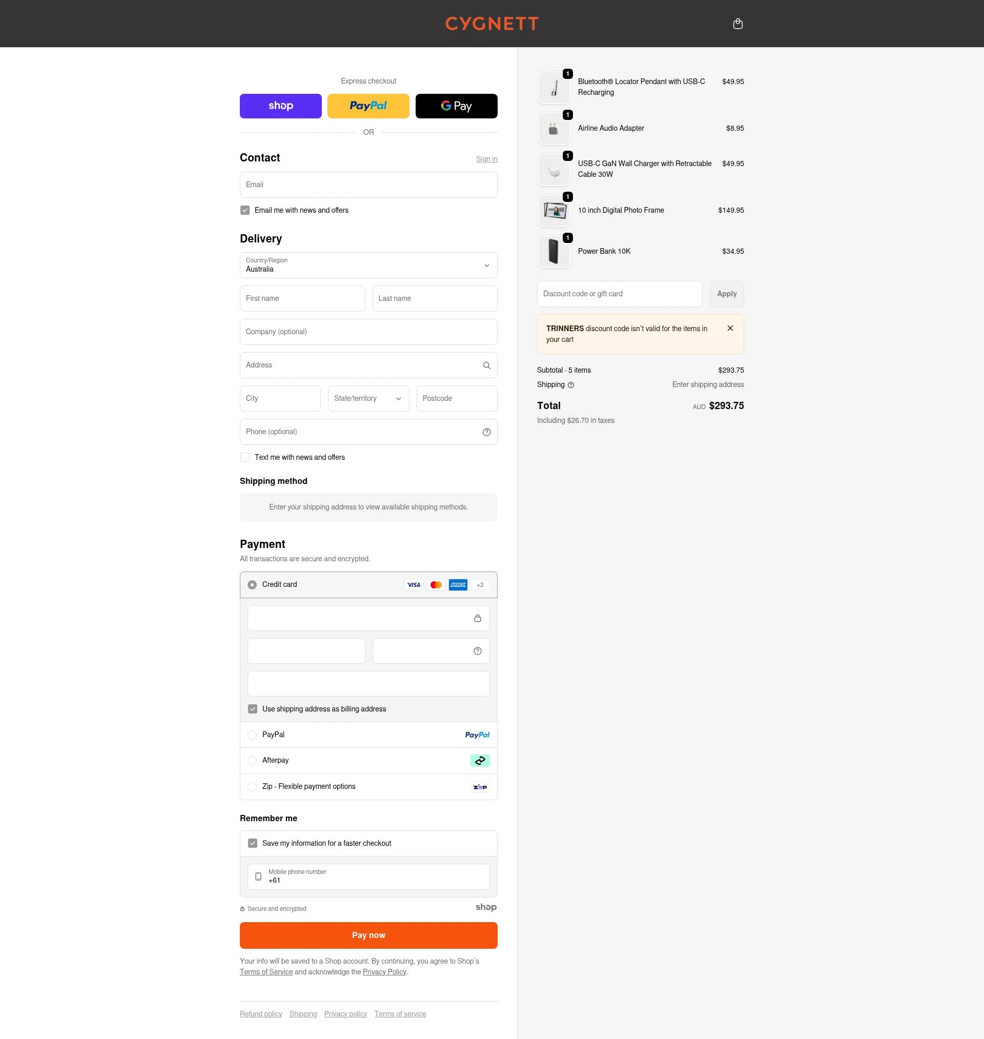 Cygnett checkout page showing Cygnett promo code box | Screenshot taken by SimplyCodes community member on Jan 4, 2026