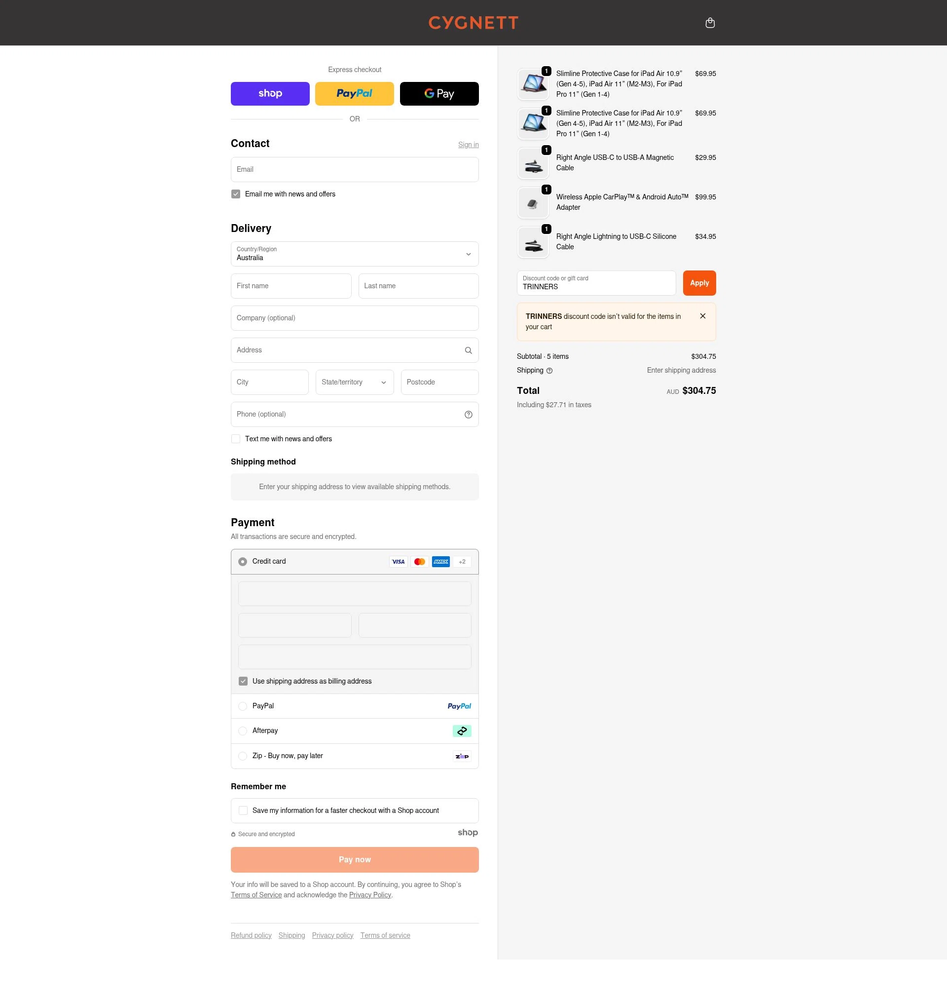 Cygnett checkout page showing Cygnett promo code box | Screenshot taken by SimplyCodes community member on Nov 17, 2025