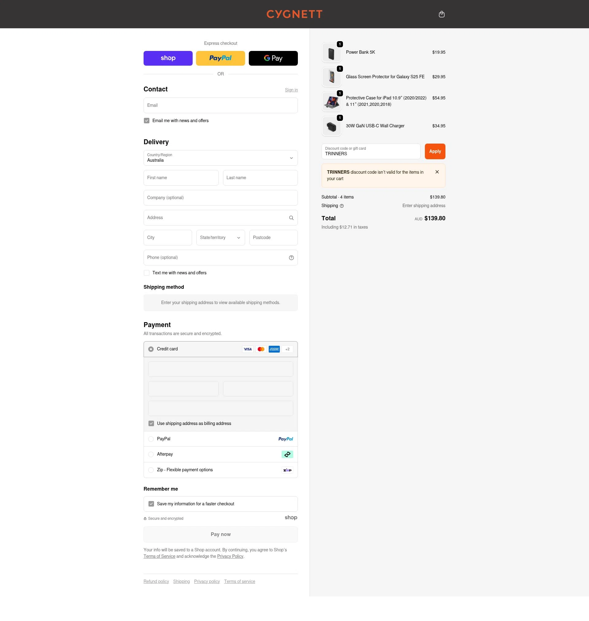 Cygnett checkout page showing Cygnett promo code box | Screenshot taken by SimplyCodes community member on Dec 13, 2025
