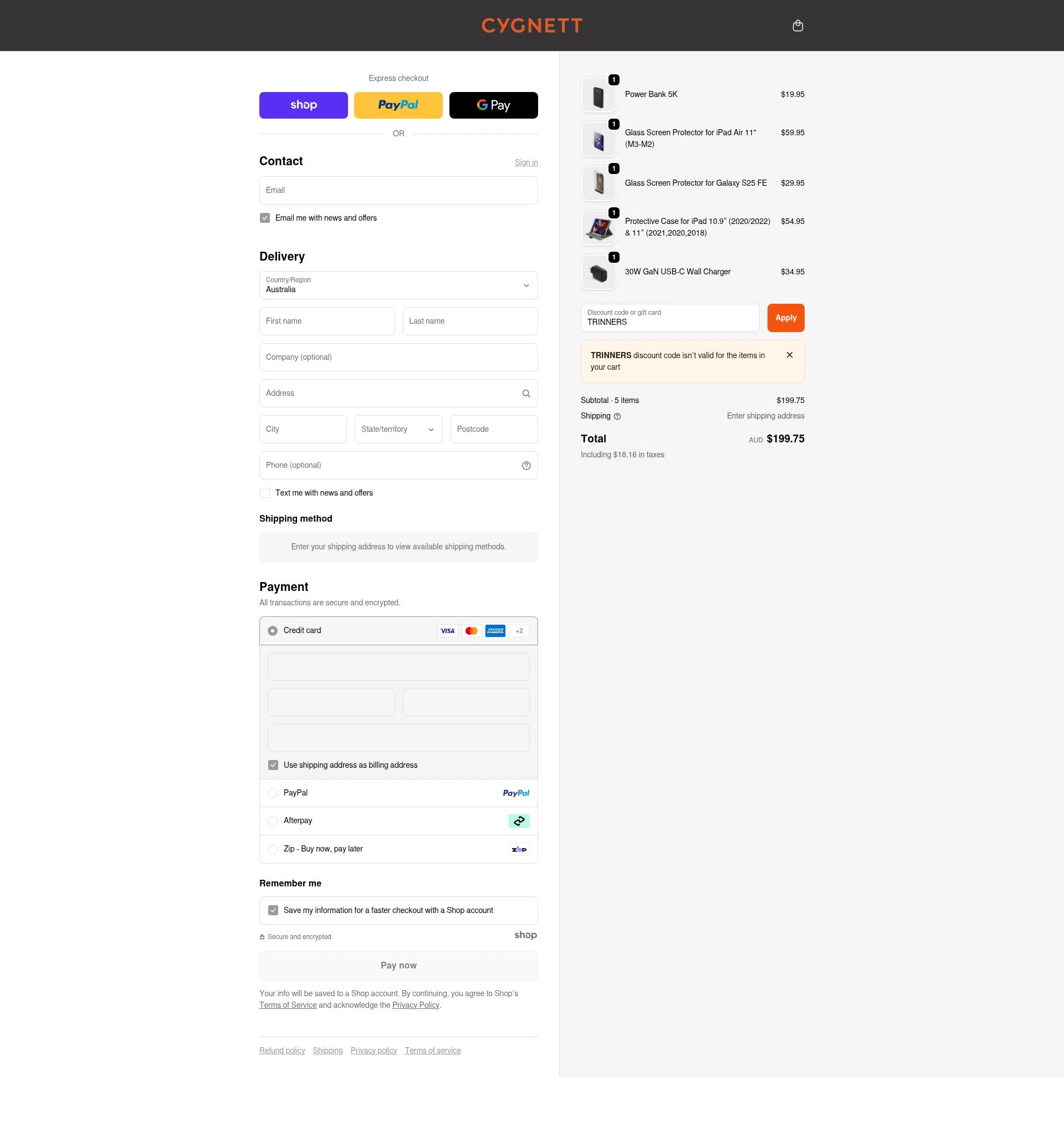 Cygnett checkout page showing Cygnett promo code box | Screenshot taken by SimplyCodes community member on Dec 2, 2025