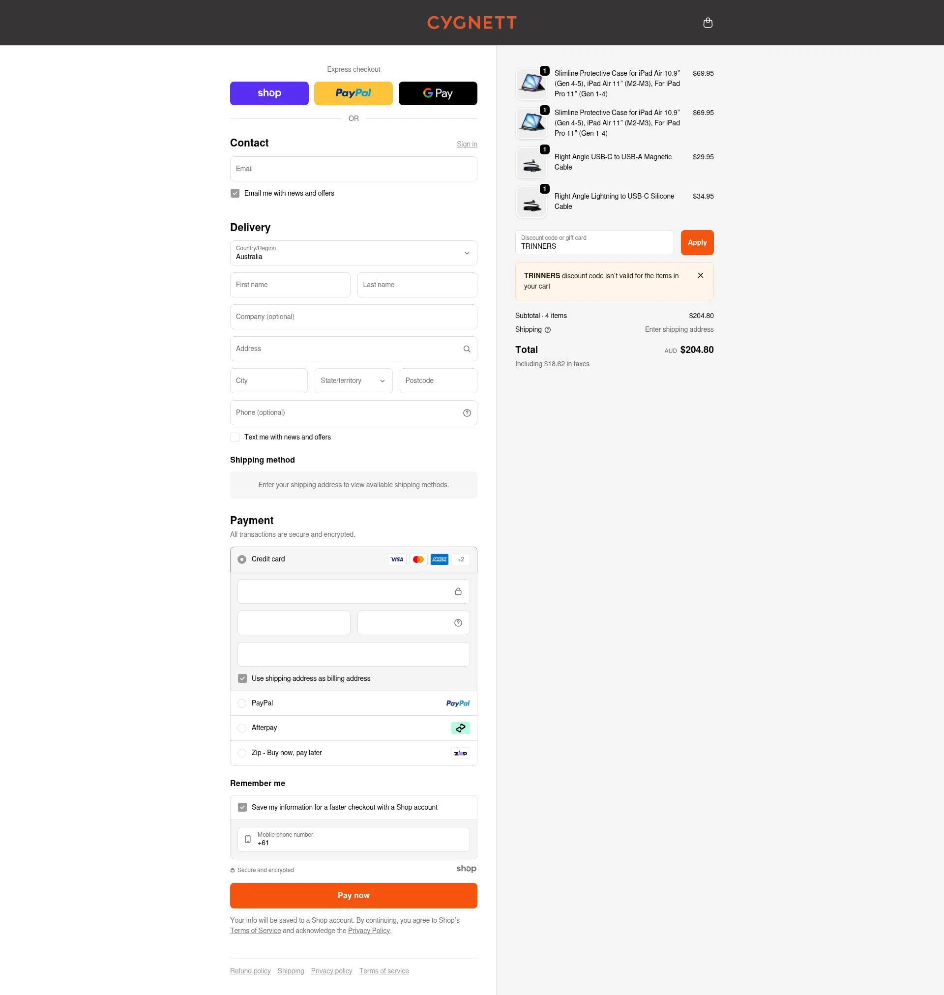 Cygnett checkout page showing Cygnett promo code box | Screenshot taken by SimplyCodes community member on Nov 22, 2025