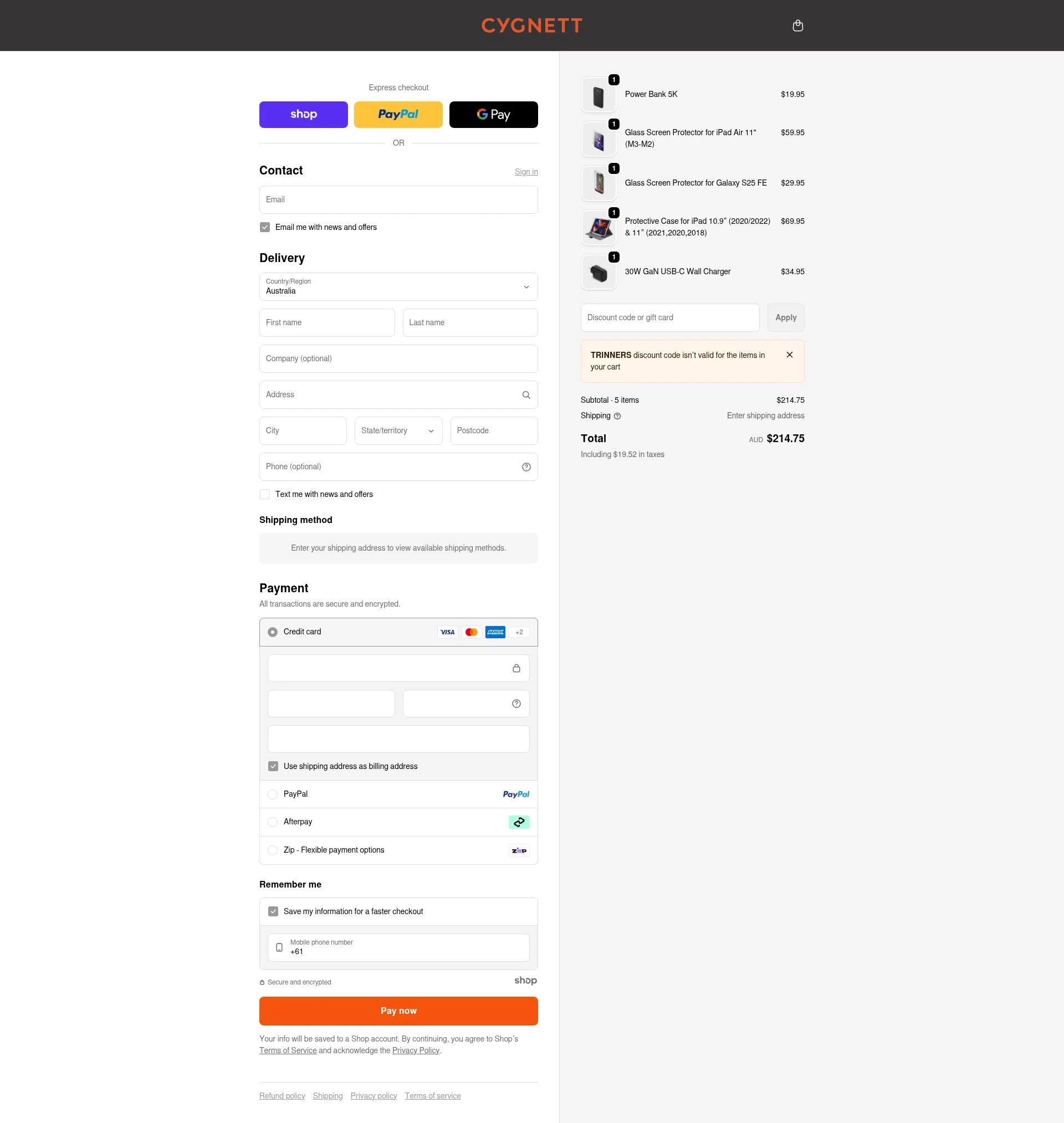 Cygnett checkout page showing Cygnett promo code box | Screenshot taken by SimplyCodes community member on Dec 30, 2025