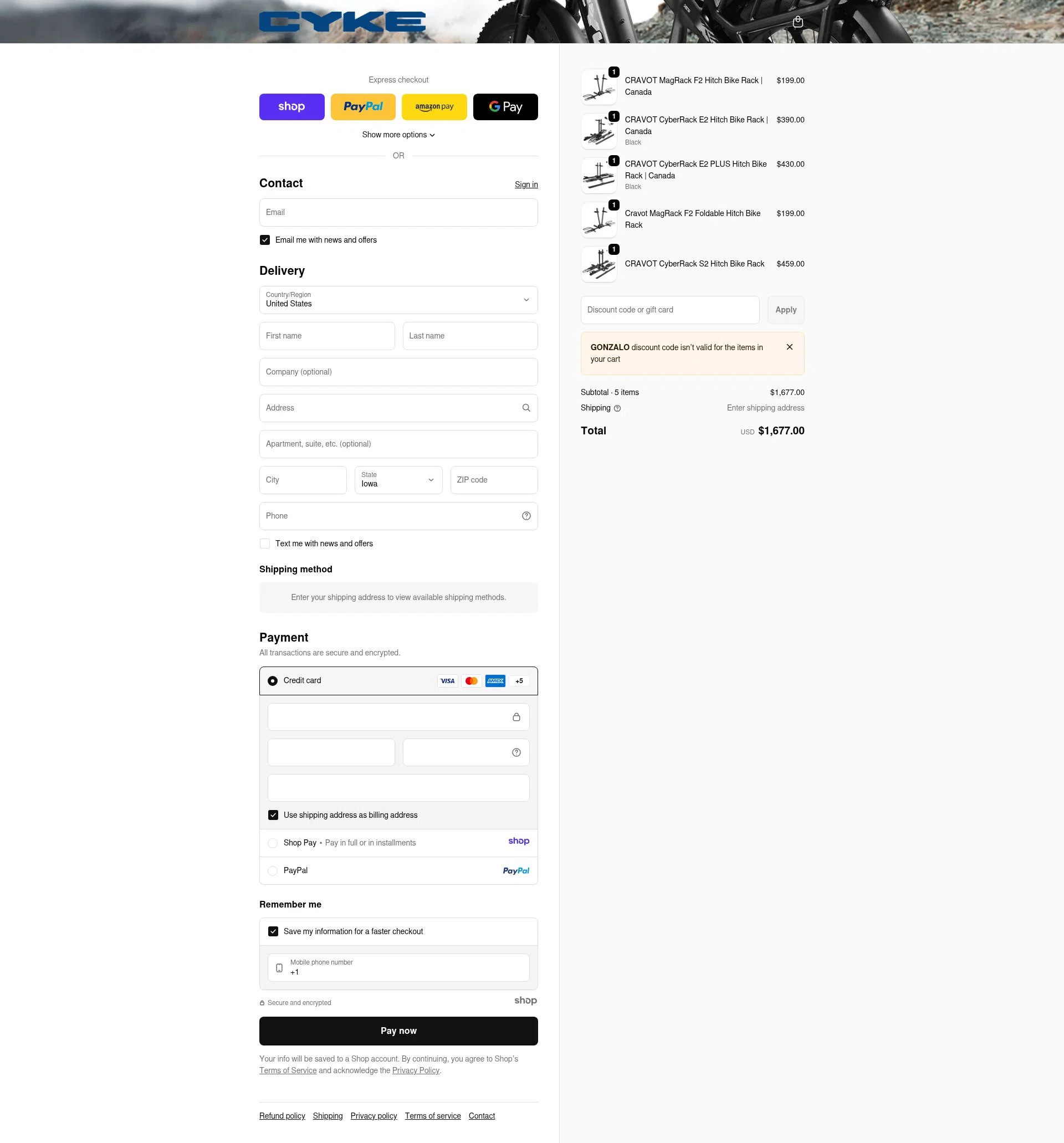 CYKE Bikes checkout page showing CYKE Bikes promo code box | Screenshot taken by SimplyCodes community member on Jan 5, 2026