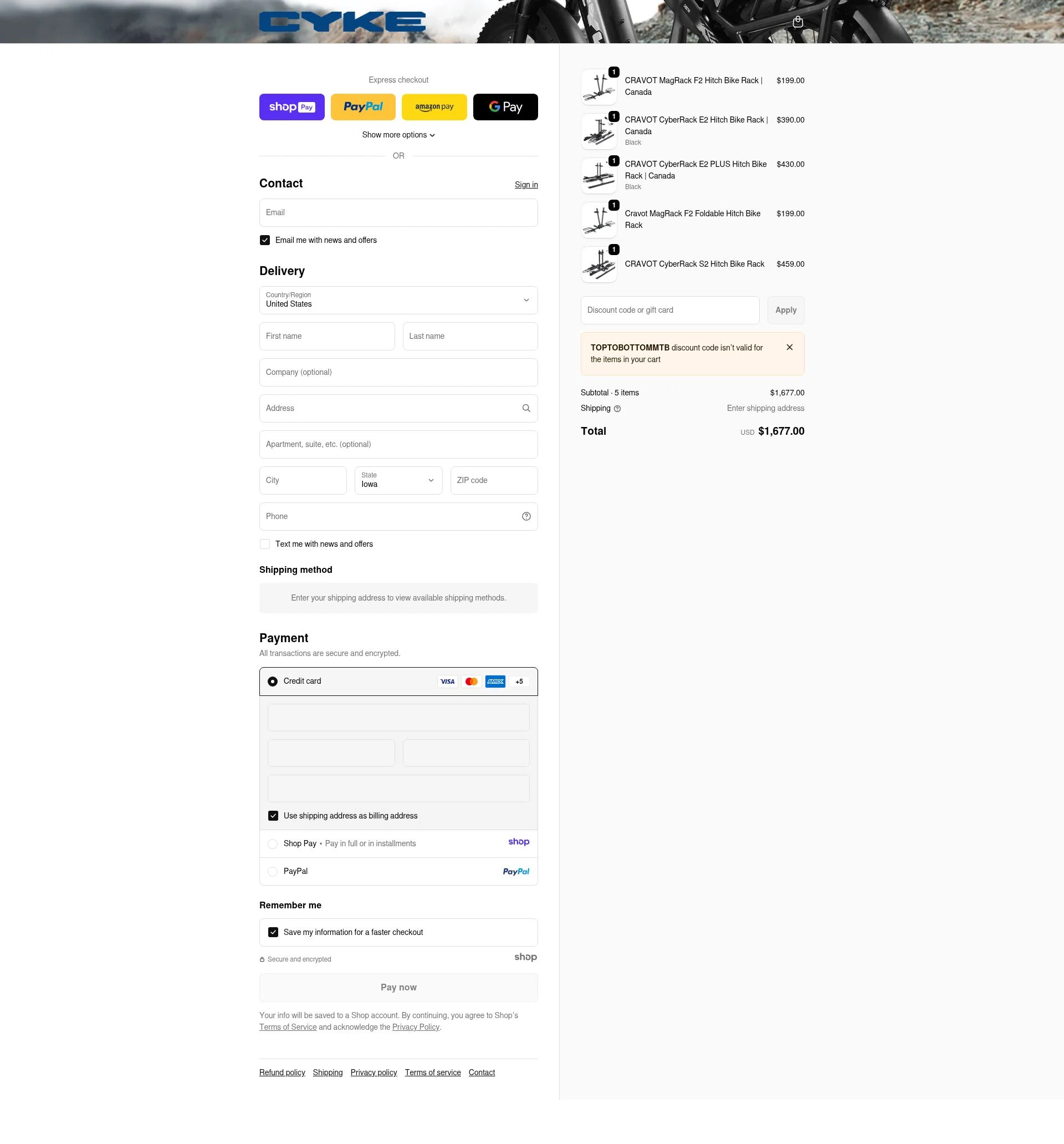 CYKE Bikes checkout page showing CYKE Bikes promo code box | Screenshot taken by SimplyCodes community member on Jan 10, 2026