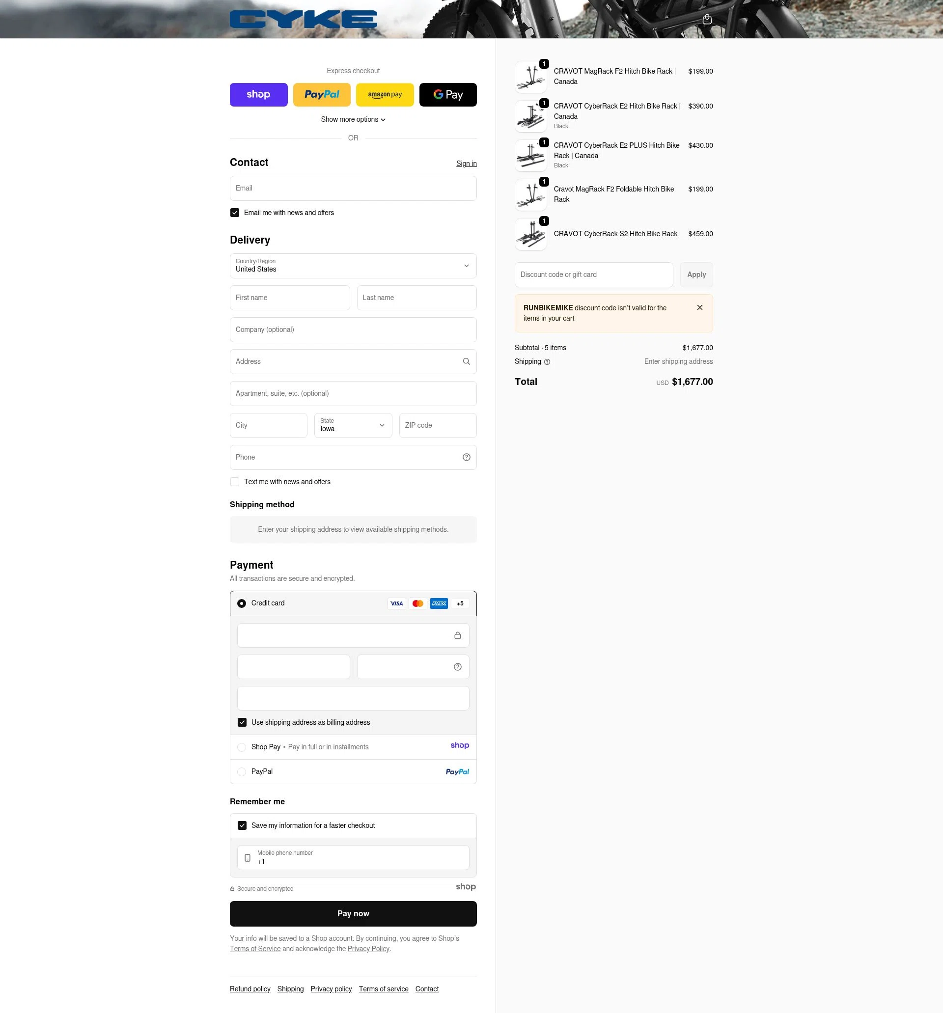CYKE Bikes checkout page showing CYKE Bikes promo code box | Screenshot taken by SimplyCodes community member on Jan 5, 2026