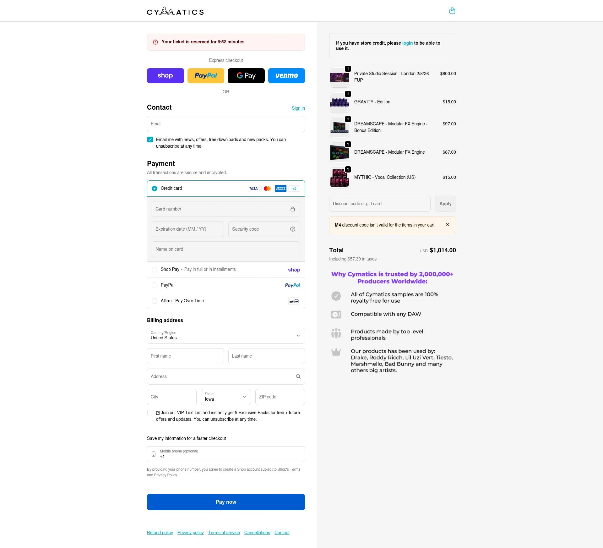 Cymatics.fm checkout page showing Cymatics.fm promo code box | Screenshot taken by SimplyCodes community member on Feb 17, 2026